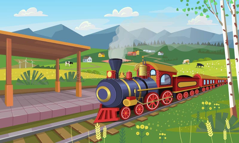 Old Train with Railway Station in the Village.Vector Cartoon