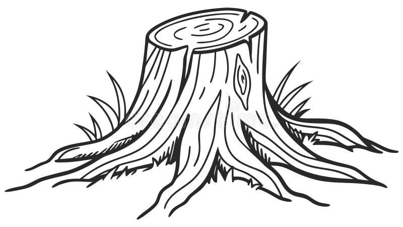 A rustic vector illustration of an old tree stump with visible roots, grounded in the earth. This image represents nature, forestry, and the cycle of life in the wilderness. Ideal for environmental organizations, gardening, or depicting natural landscapes and woodland settings, vector design Generative AI. Old tree stump sketch vectors