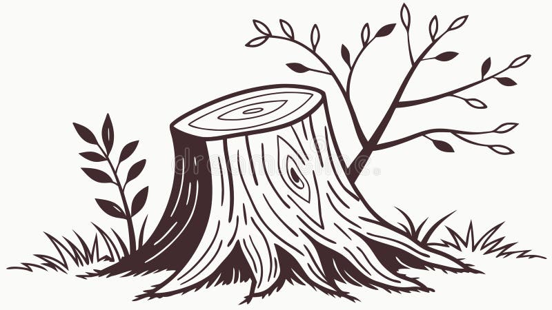 A conceptual illustration of an old tree stump with a new, young sapling growing from its side. This powerful image symbolizes rebirth, new beginnings, resilience, and the cycle of life. Perfect for environmental and motivational content, vector design Generative AI. Old tree stump sketch vectors