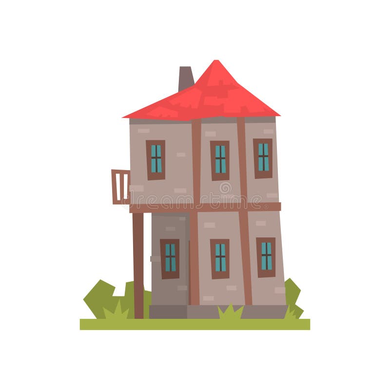 Old two storey house with red roof, retro architecture building vector Illustration