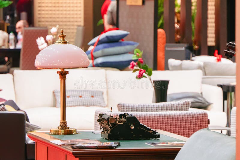 Old Typewriter with Vintage Table Lamp on the Table Stock Image Image