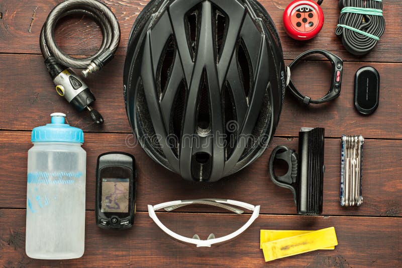 Old Used Cycling Accessories on Wooden Table Stock Image Image of