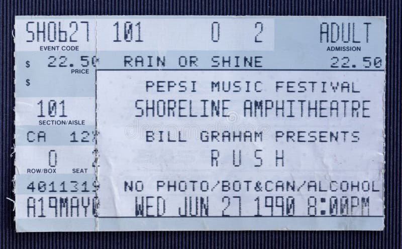 Old used ticket for the concert of Rush at Shoreline Amphitheatre. In Mountain View, California