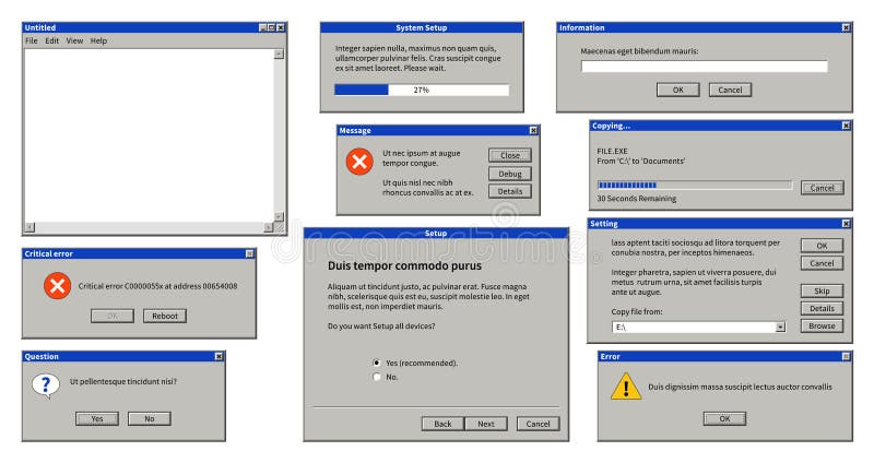 Old user interface. Browser window, error message popup dialog box with system information, vintage computer operation