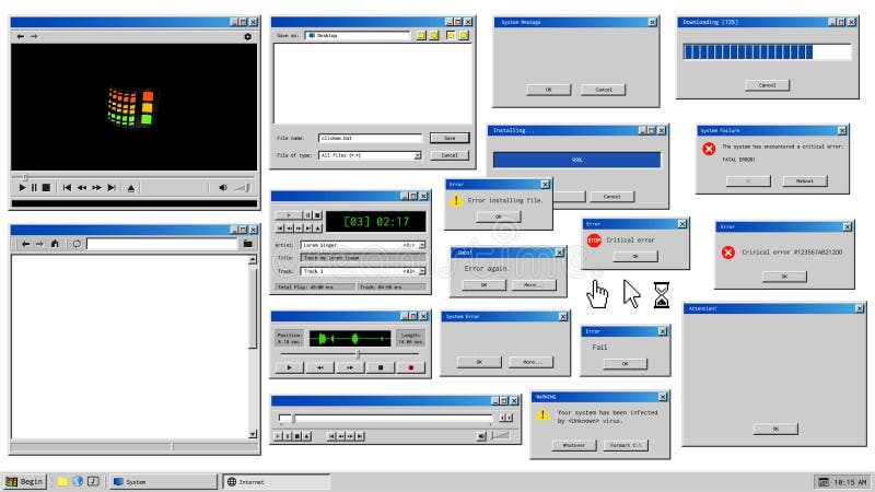Retro browser windows and error message popup. Mockup of vintage multi media player, voice recorder and dialog stock illustration
