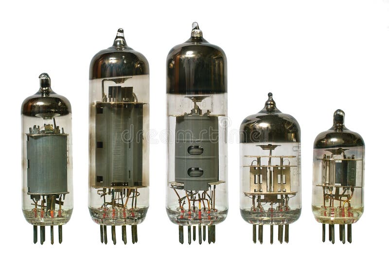 Old vacuum radio tubes front view.