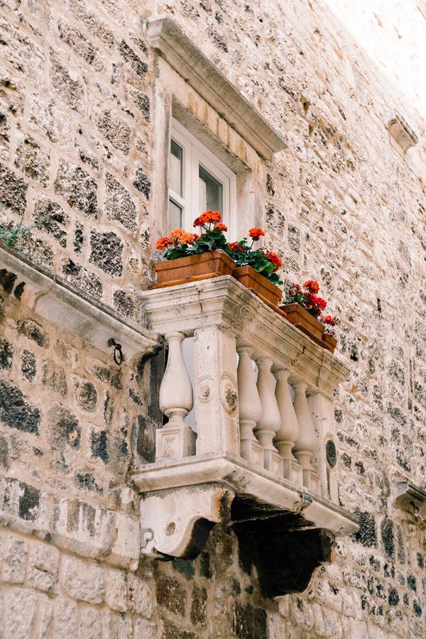 Old Venetian small balcony with white stone columns with beautiful patterns, rectangular clay pots and red blooming. Flowers, against the stone wall of a house royalty free stock photo Old Venetian small balcony with white stone columns with beautiful patterns, rectangular clay pots and red blooming. Flowers, against the stone wall of a house royalty free stock photo