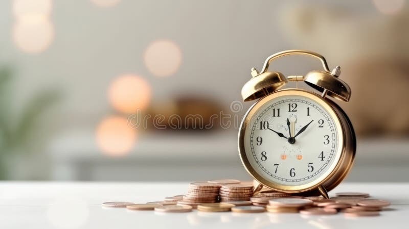 Old vintage Alarm clock and gold coin white background. stock illustration.