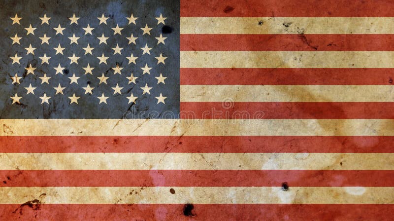 Old vintage American US flag over white wood