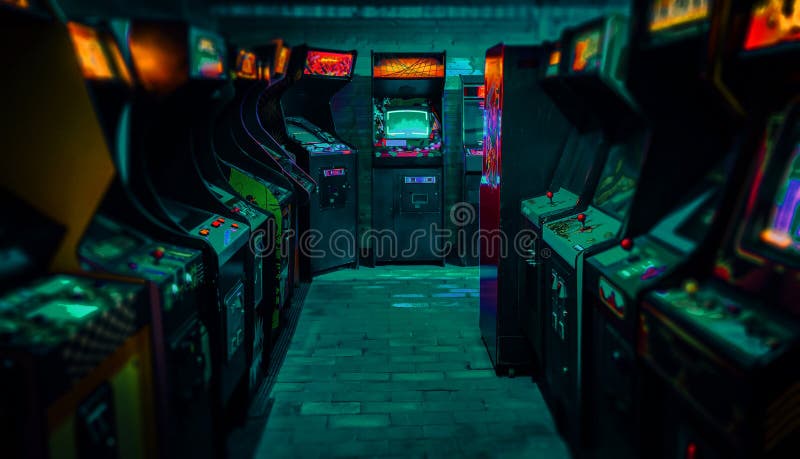 Old Vintage Arcade Video Games in an empty dark gaming room with blue light with glowing displays