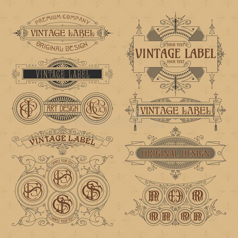 Old vintage floral elements - ribbons, monograms, stripes, lines, angles, border, frame, label, logo stock illustration