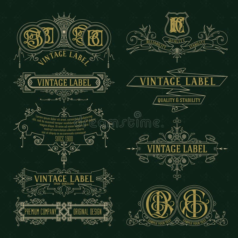 Old vintage floral elements - ribbons, monograms, stripes, lines, angles, border, frame, label, logo royalty free illustration