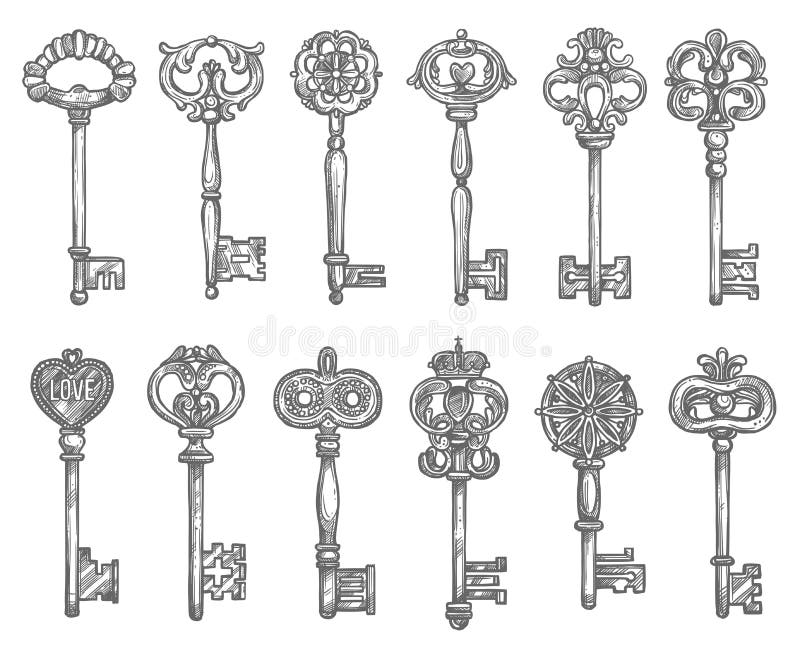 Set of hand drawn antique keys. Sketch style of vintage key on white  background. Old design illustration. Vector. Stock Vector