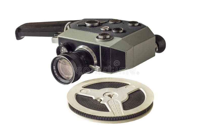 Old vintage mechanical film camera super 8 mm with bobbin close-up isolated on white background stock photo Old vintage mechanical film camera super 8 mm with bobbin close-up isolated on white background stock photo