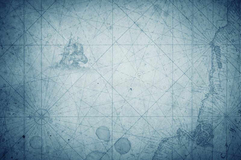 Old vintage retro compass on ancient map. Survival, exploration and nautical theme grunge blue background