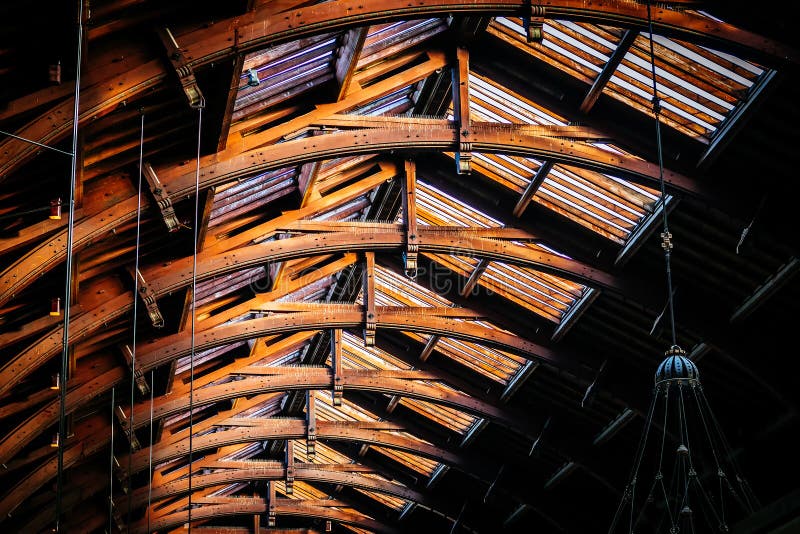 Old vintage roof structure at train station in Copenhagen, Denmark.