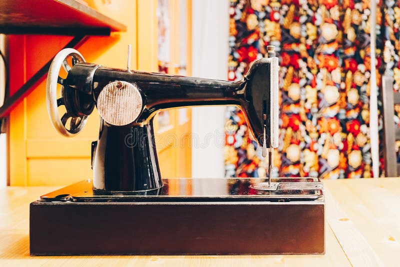Old Vintage Sewing Machine on Wood Table in House Stock Photo Image