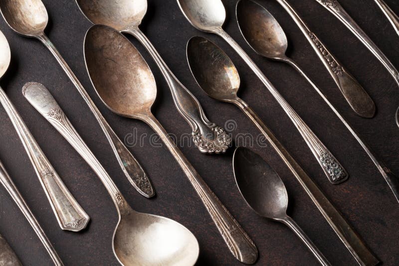Old Vintage Spoons on Stone Table Stock Image Image of cook, pattern
