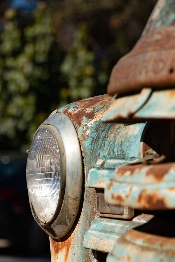 Old 1950 vintage truck radiator and front light, retro and vintage