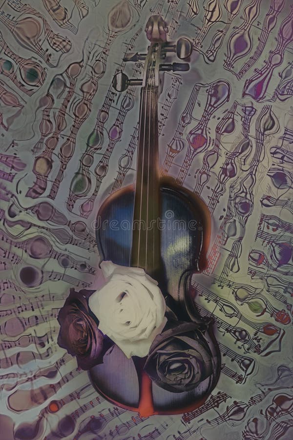 Old violin with musical notes and rose stock photos Old violin with musical notes and rose stock photos
