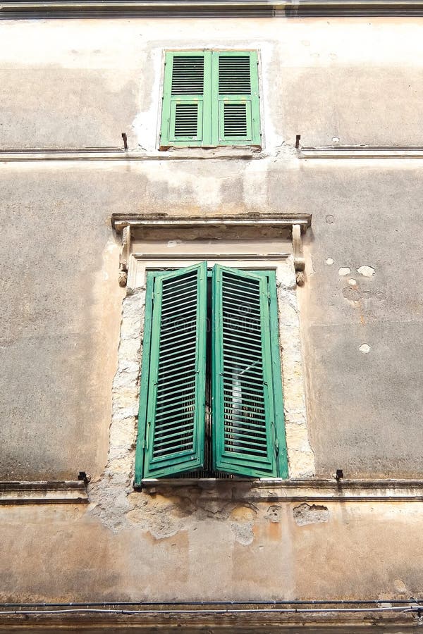 Old Wall with Green Wooden Blinds Stock Image Image of italian