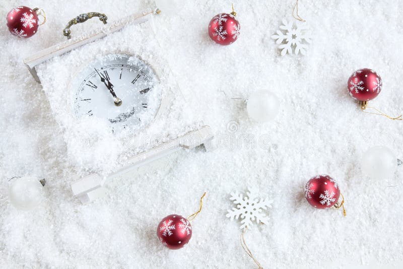 Christmas Background with Clock, Snow and Christmas Tree Decorations. Stock Image Image of