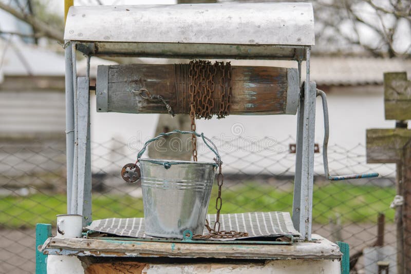 Old Water Well with an Iron Bucket in the Village Stock Image Image of roof, rural 246825463