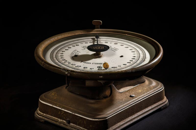 Old weight on scale, showing a decrease in weight over time, created with generative ai. Time decrease illustrations