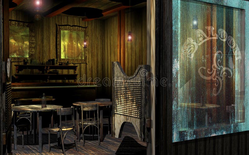 Vista l'entrata di un vecchio western saloon, con diversi tavoli, un bancone, uno specchio sulla parete.