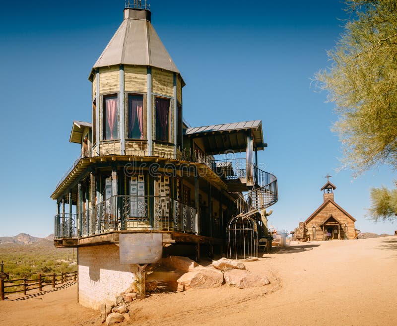 Old Western Wooden Buildings in Goldfield Gold Mine Ghost Town in Youngsberg, Arizona, USA