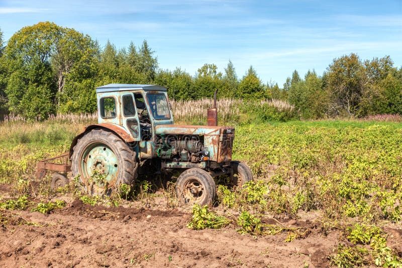 Old wheeled agricultural tractor used at the potato field