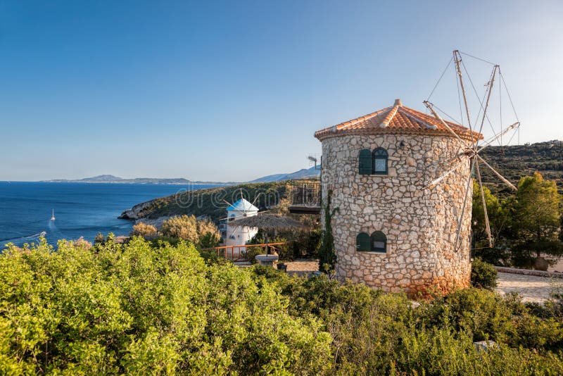 Old windmills on Skinari, Zakynthos island, Greece