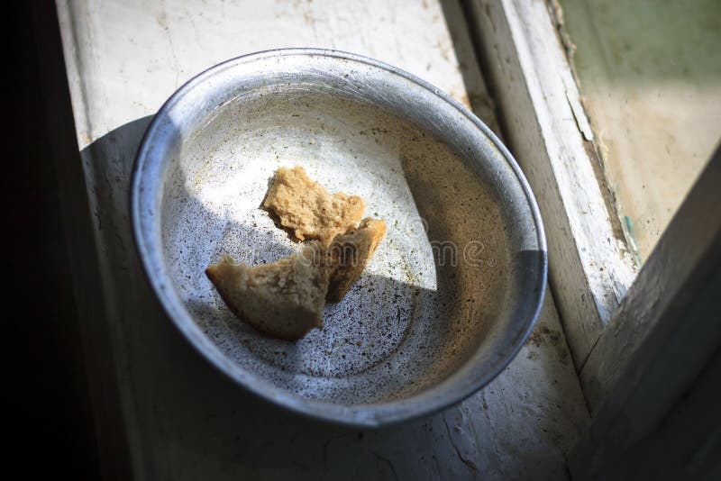 The old window from it drops sunlight. On the window an old aluminum bowl in it small pieces of bread royalty free stock photo The old window from it drops sunlight. On the window an old aluminum bowl in it small pieces of bread royalty free stock photo