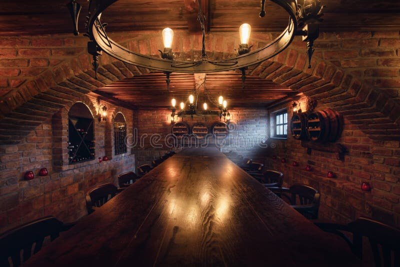 Old Wine Cellar with Bench for Tasting Stock Image Image of lamp
