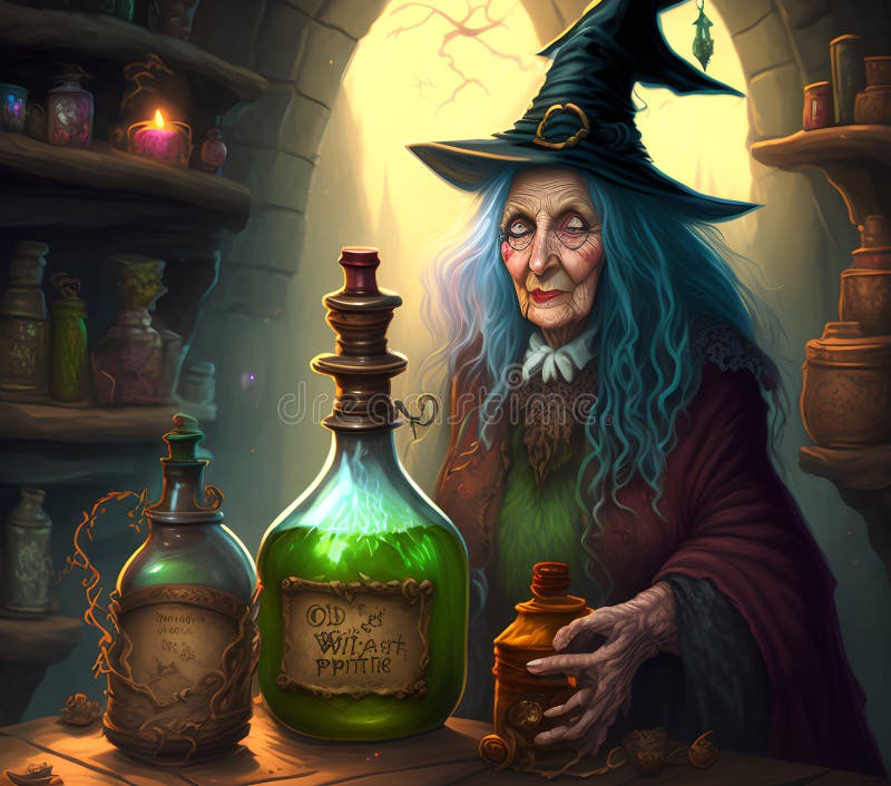 Old wizard with hat making magical potion digital art Stock Illustration