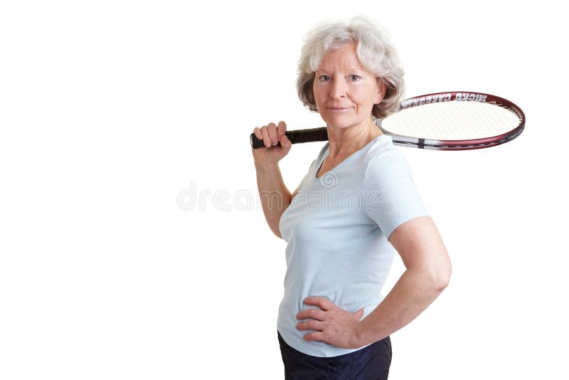 Happy senior woman with a tennis racket. Happy senior woman with a tennis racket