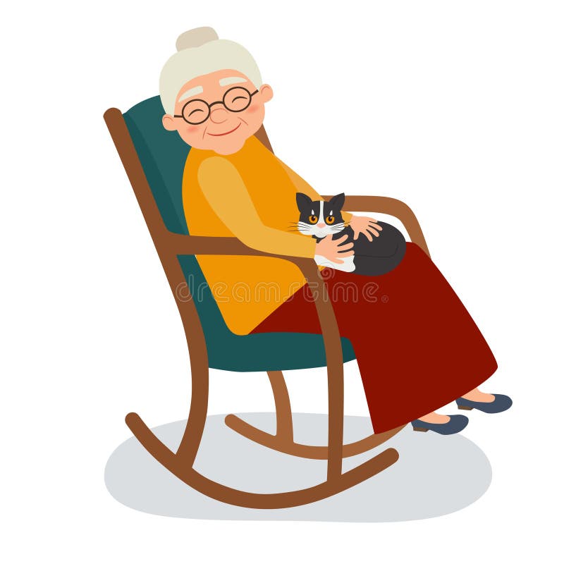 Old woman with cat in her rocking chair