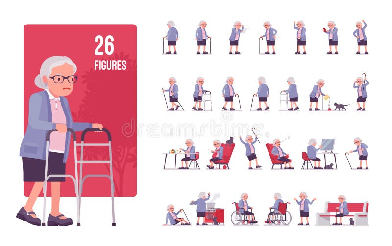 Old woman character set, pose sequences