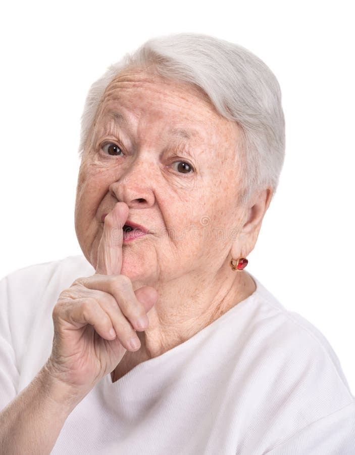 Old Woman With Finger On Lips Asking For Silence Stock Photo Image