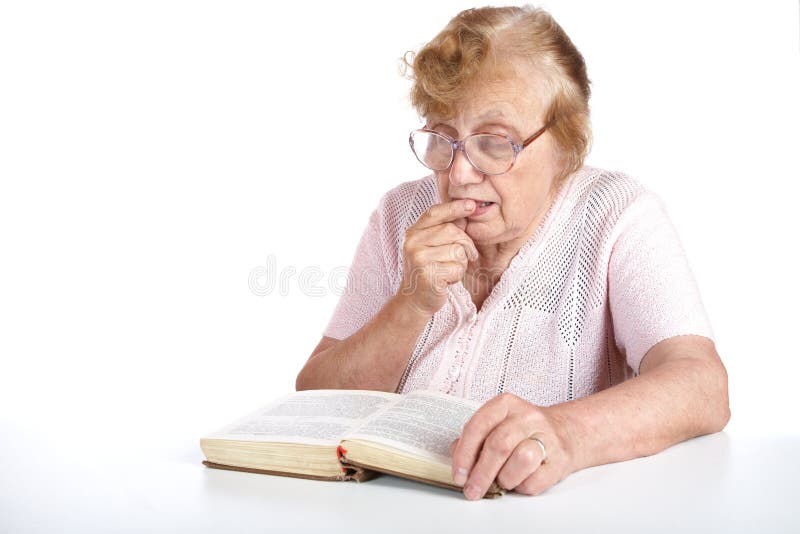 Old Woman In Glasses Reads The Book Royalty Free Stock Image Image