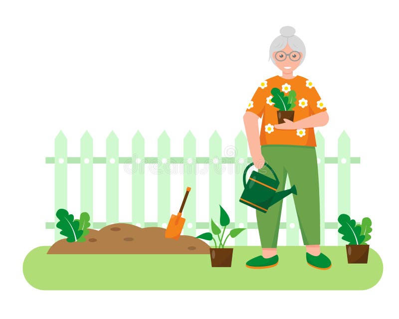 Old Woman with Plants in the Garden. Stock Vector - Illustration of ...