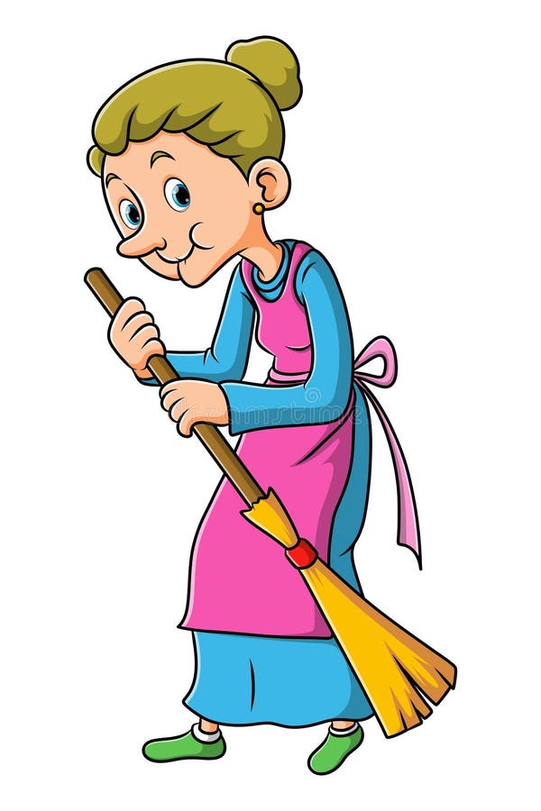 The Old Woman is Sweeping the Yard with the Broom Stick Stock Vector