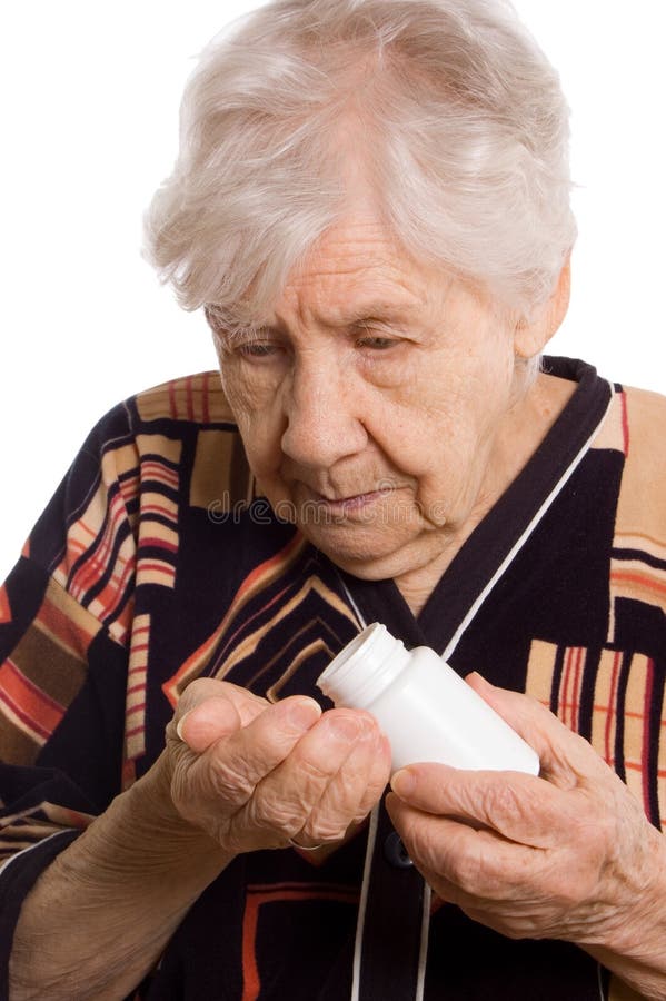 Old woman on white whith tablet