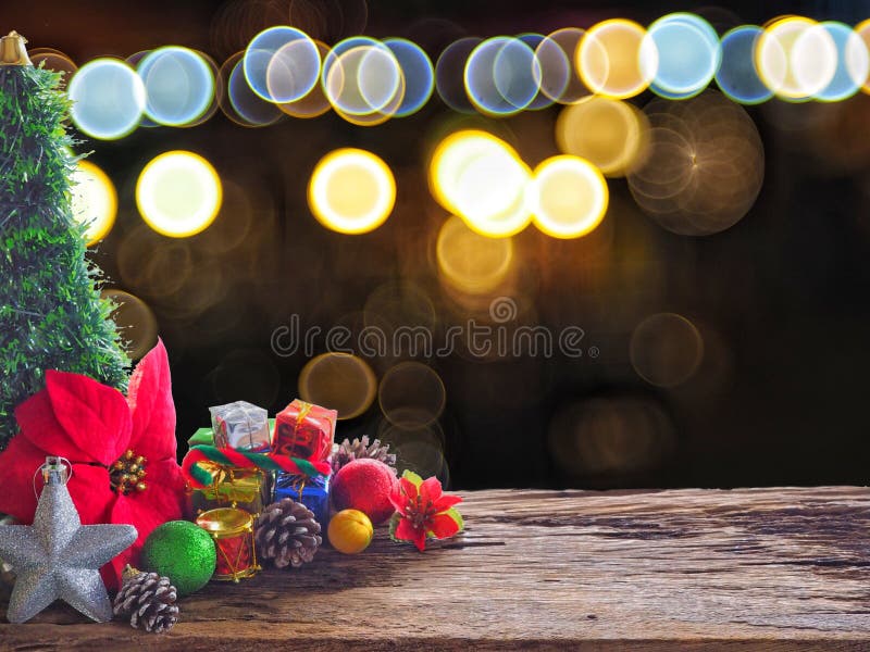 Old wood board And decorations in the space available for placing objects. Background bokeh bubbles colorful. Christmas and New Ye royalty free stock photography