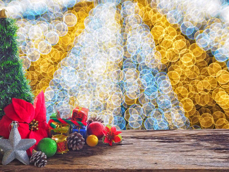 Old wood board And decorations in the space available for placing objects. Background bokeh bubbles colorful. Christmas and New Ye stock photos