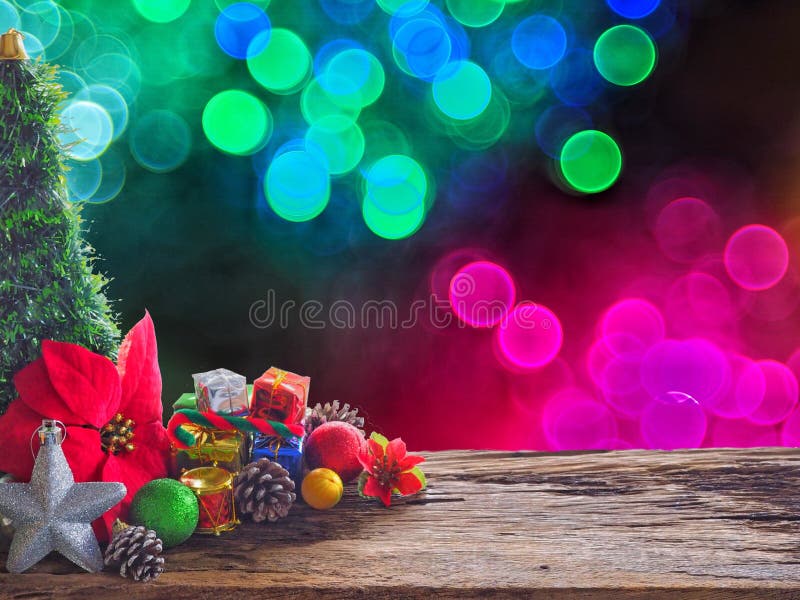 Old wood board And decorations in the space available for placing objects. Background bokeh bubbles colorful. Christmas and New Ye royalty free stock photos