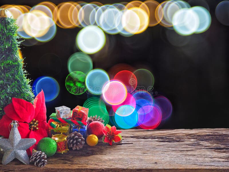 Old wood board And decorations in the space available for placing objects. Background bokeh bubbles colorful. Christmas and New Ye royalty free stock image