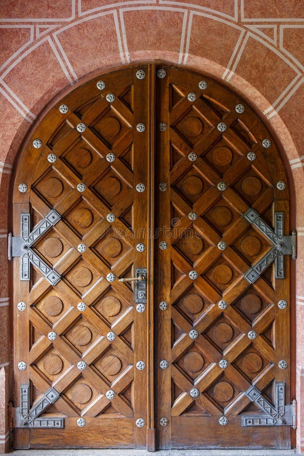 Old Wood Door with Decorations in Stone Wall Stock Image Image of door, aged 183498065