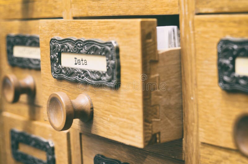 Old wooden archive files catalog drawer, Data files. The Archives Card Catalog , old wooden file catalog box, index , database, archive and library concept.