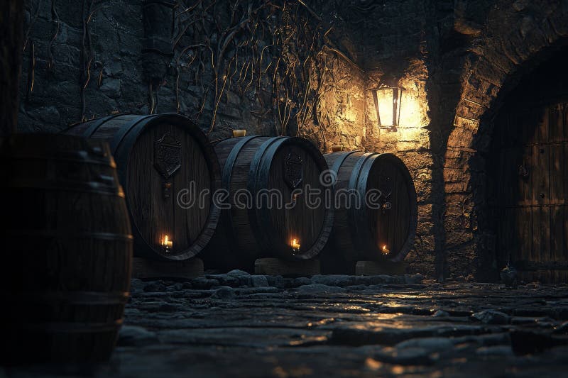 Old wooden barrels in the shadowy wine cellar of a medieval winery. Vintage oak casks filled with rum in an underground cellar. The idea includes vineyard, viticulture, production, winemaking, wood,. Cognac production stock images, royalty-free photos and pictures